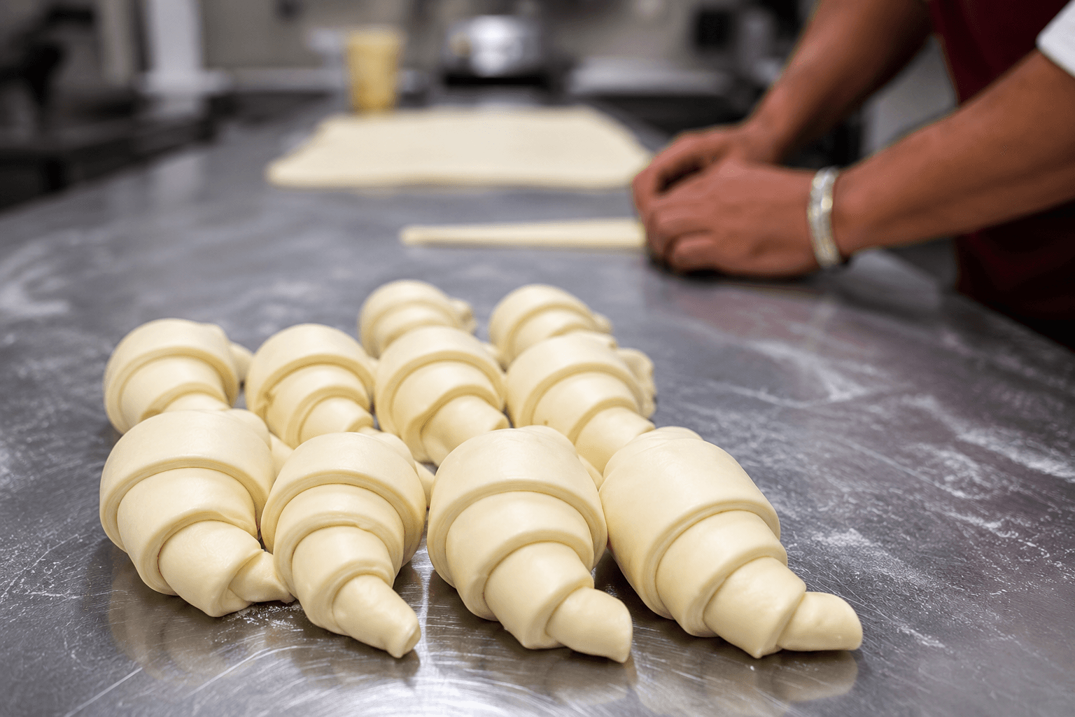 Cornetti artigianali preparati a mano nel laboratorio di Costa Pasticceria